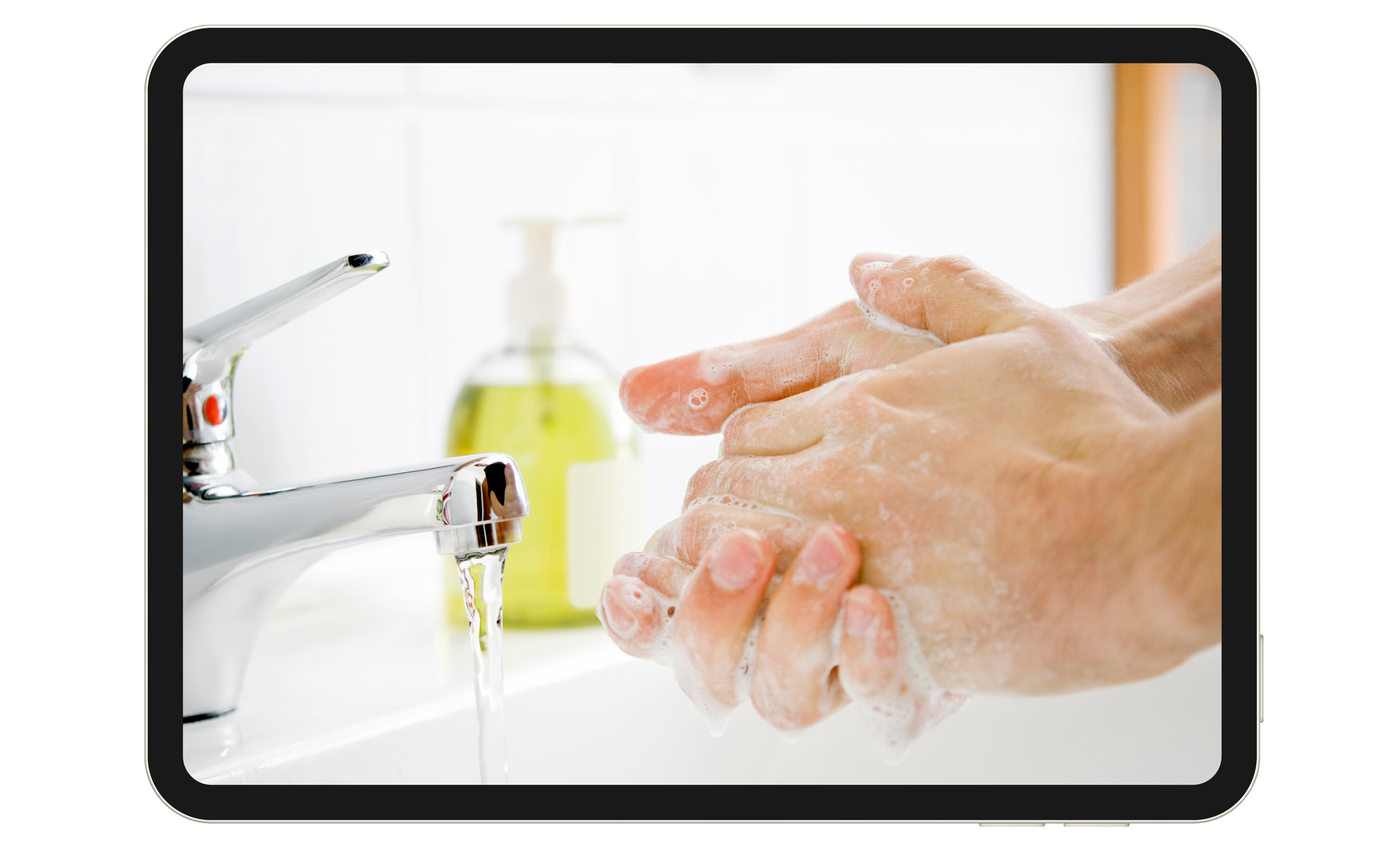 Washing hands in front of a sink faucet.